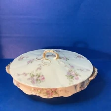 Limoges TH Pink Roses, Harrison Rose? Oval Casserole Covered Dish 11.25” (G)