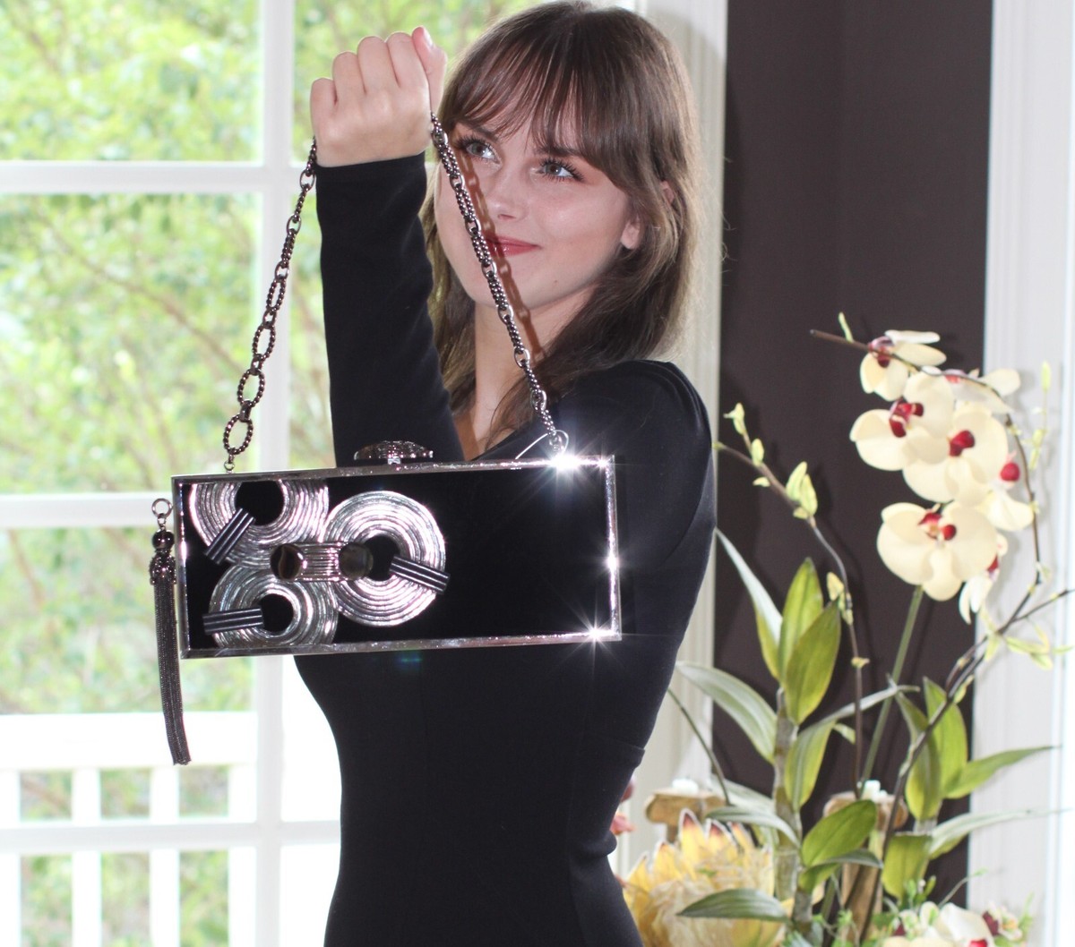 ANDREW GN JUDITH LEIBER Black Velvet Pewter Heavy Tassel Box