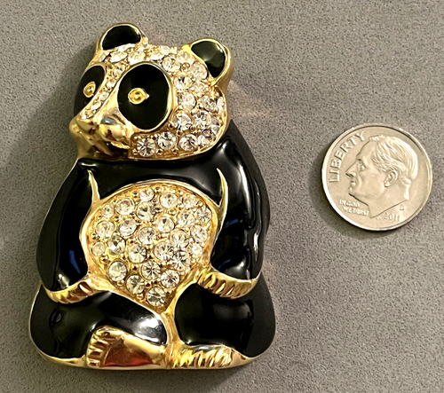 Broche prendedor vintage TRIFARI tono dorado esmalte negro estrás oso panda como nuevo - Imagen 2 de 6