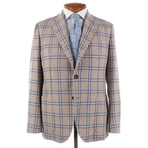 Sartorio by Kiton NWT Wool / Silk Sport Coat Size 54R (44R) In Tan w/ Blue Plaid - Picture 1 of 12