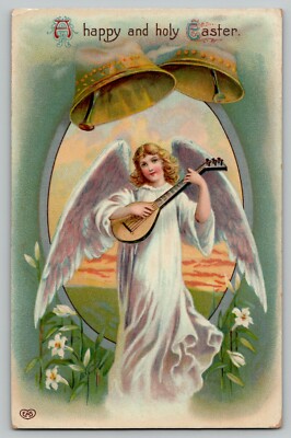 c1910s Easter Holy Angel Lute Bells Lilies Vintage Postcard EAS Schwerdtfeger