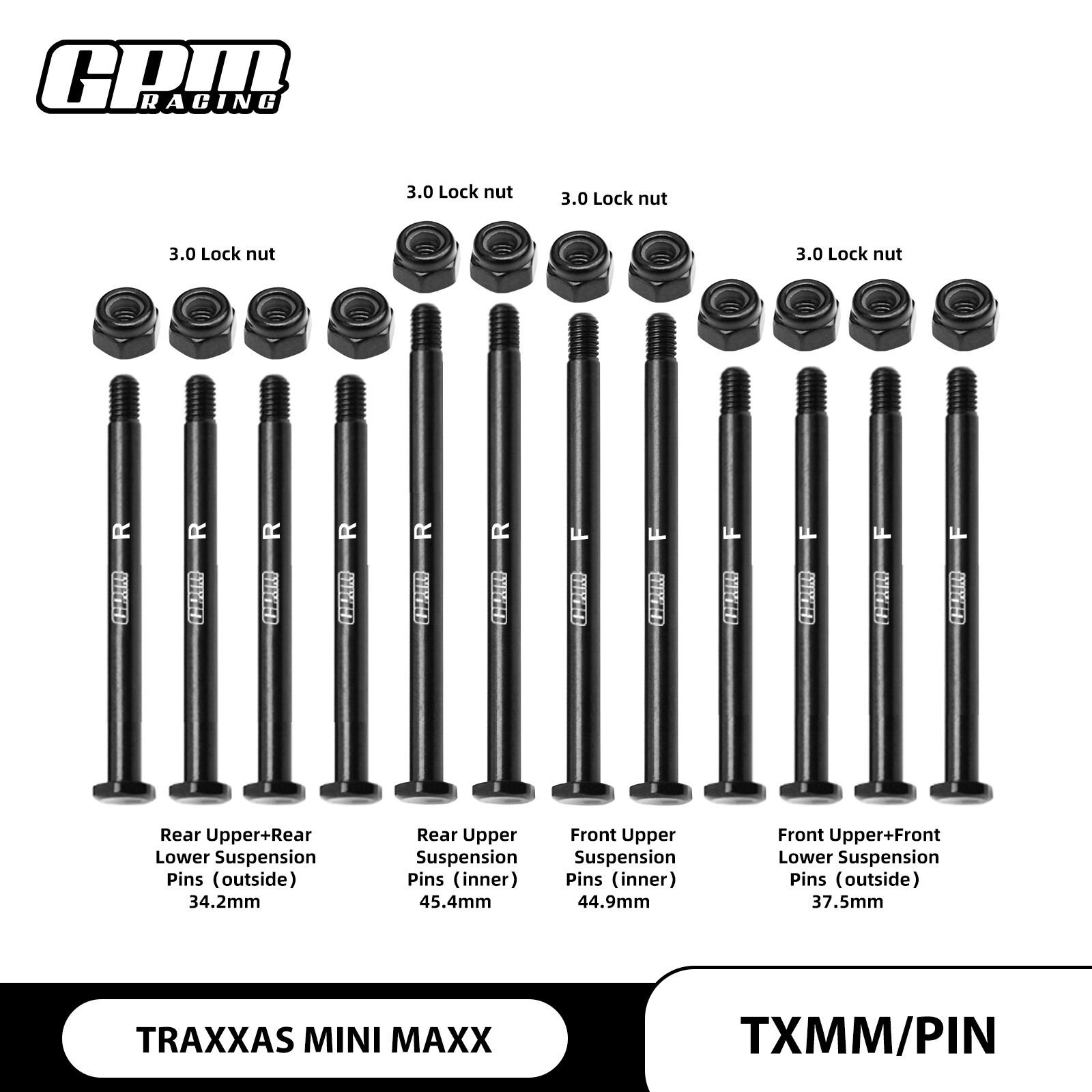 GPM 4140 Carbon Steel Front & Rear Suspension Pins For TRAXXAS Mini Maxx