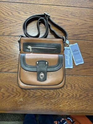 Miztique Crossbody Shoulder Hand Bag Purse Brown Leather Mid Size Gold Trim  New - Main Image
