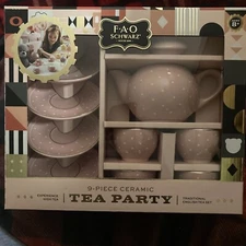 F.A.O SCHWARZ. Porcelain Tea Set for Little Girls, Pink Polka Dot, 9 Pieces NEW