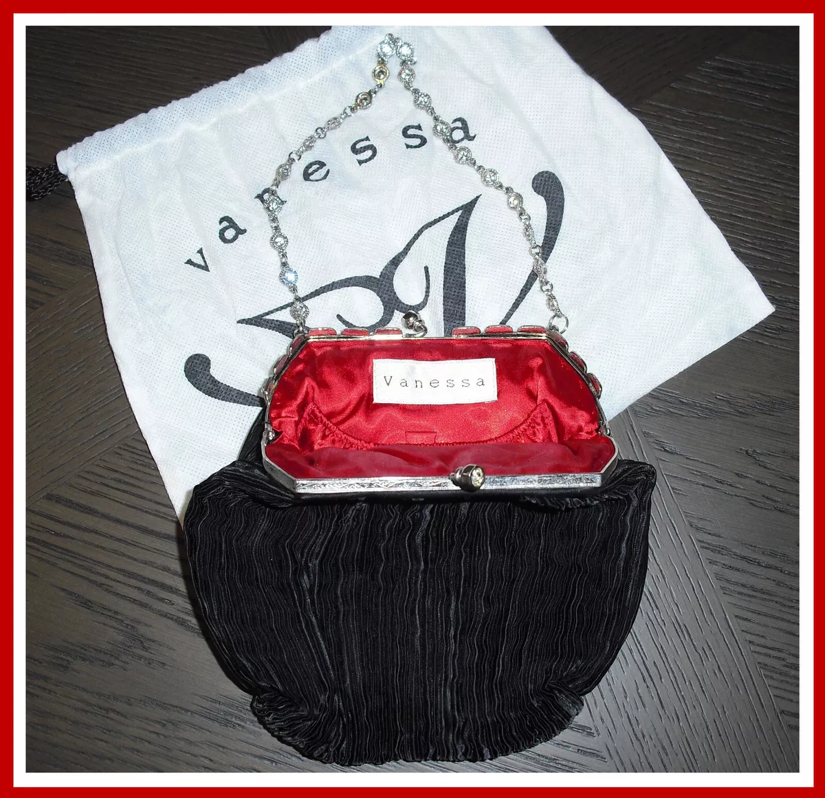 VANESSA Ladies Brand Small Black Evening Bag Vintage With Silver Chain Strap