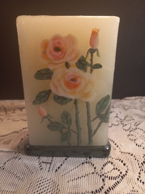 Oriental Rose Design Rectangular Candle Ivory W/ Green Glass Candle Base New