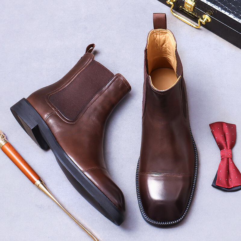 Roman Style Round Toe Men's Pull On Chelsea Ankle Boots Real Leather Shoes Party