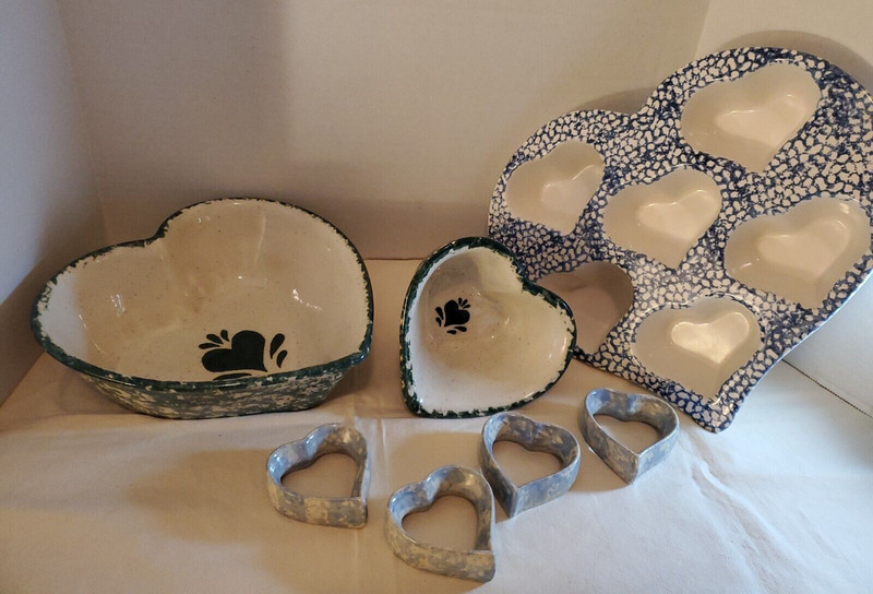 HEART Muffin Pan & Bowls+ Napkin Rings Sponge Ware POTTERY 7 Pc. Set WHOLESALE