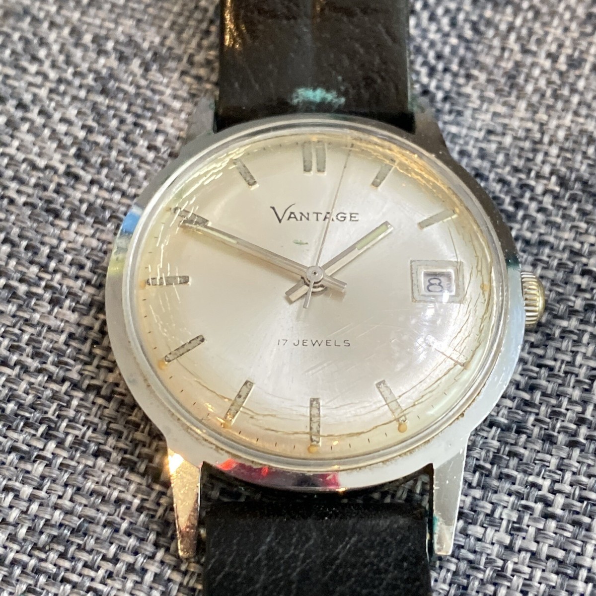 Vtg Vantage 17-Jewels Silver Dial Watch w/ Black Leather Band