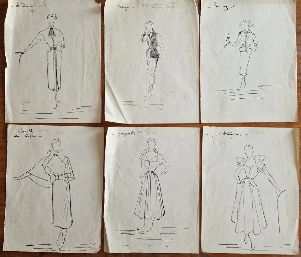 13 dessins de mode crayon encre Paris 1950 Madame Alexandre Fbg Saint-Honoré - Photo 1/4