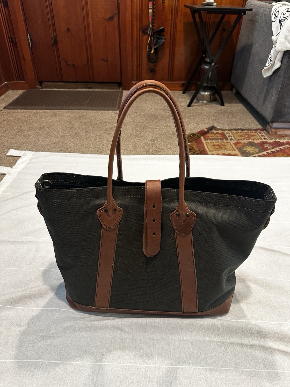 LL Bean Green And Brown  Canvas Boat And Tote Bag With Leather Handles