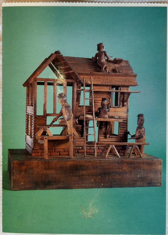 Postcard: Movable construction crew of unknown maker. Pre-1900 of wood and metal