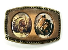 Vintage Alumaline 4108 Indian  Horses Leather Belt Buckle BB-317 Clean