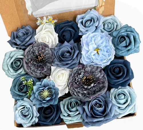 Dusty Blue Roses Artificial Flowers Bouquets Box, Light Blue Silk Flowers Whi...
