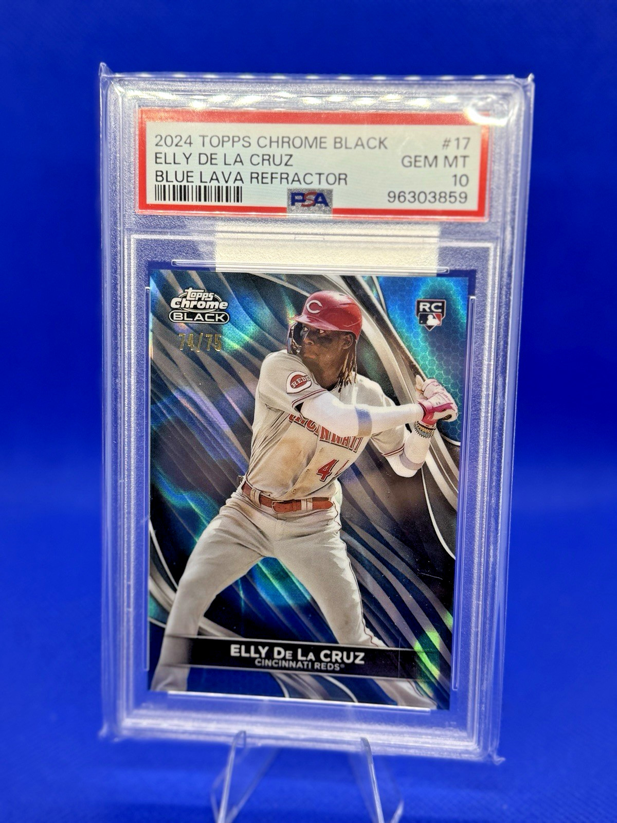 Elly De La Cruz 2024 Topps Chrome Black #17 Blue Lava Refractor RC /75 PSA 10