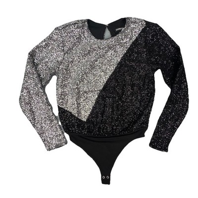 Express Sequin Colorblock Thong Bodysuit Sz S Black Silver Long Sleeve Clubwear