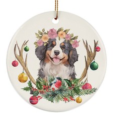 Bernese Mountain Puppy Dog Deer Anlters Christmas 2024 Ornament Ceramic Gift