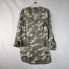 Express Camo Shirt Dress Women Small Green Camouflage Mini Basic Roll Tab Sleeve
