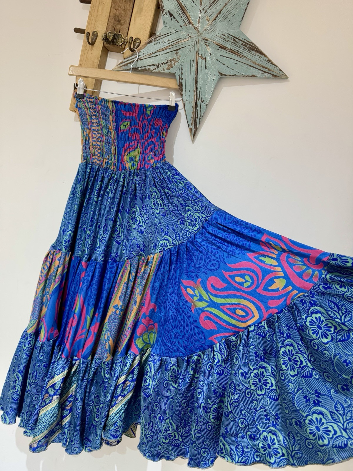 Funky Threads Blue Silk Sari Patchwork Tiered Boh… - image 4