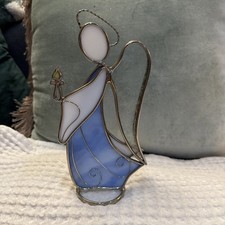 Vintage Stained Glass Christmas Angel Holding Candle 8  Holiday