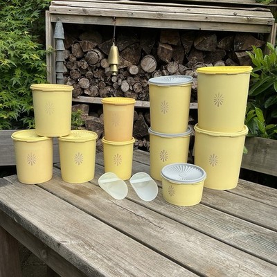 Vintage Retro gelb Ernte Tupperware Aufbewahrung Wanne Set x 10 mit 2 Schaufeln