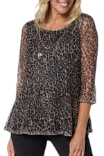 Nina Leonard Women's Mesh Top, Detachable Necklace Black/Praline Multi