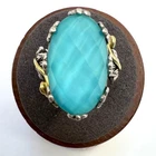 VTG Barbara Bixby Sterling Silver 18k Turquoise Doublet Leaf Feather Ring SZ 7