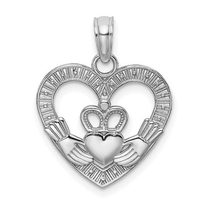 14k White Gold Polished and Textured Heart Claddagh Pendant