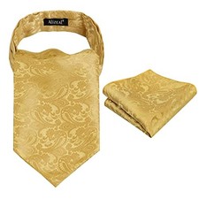 Mens Self-tied Cravat Tie Ascot and Pocket Square Set Paisley Golden Olive