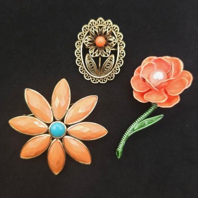 Vintage Flower Brooch Pin Lot 3pc Orange Gold Tone Enamel Filigree Faux Pearl