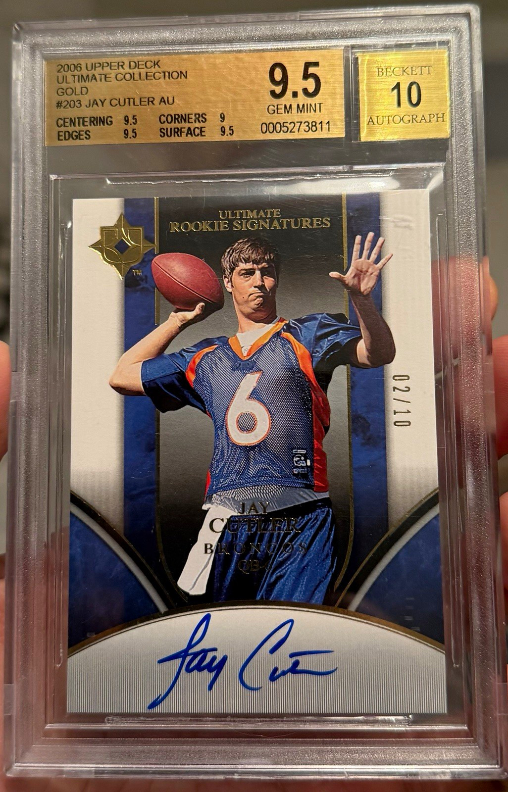 2006 Upper Deck Ultimate Coll. Gold Jay Cutler Rookie 2/10 BGS 9.5 Auto 10 RC