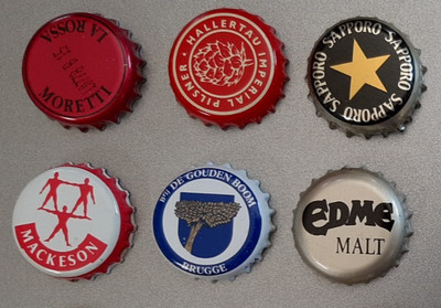 6 Misc Beer Caps Crowns used no dents non-US Moretti Sapporo Mackeson