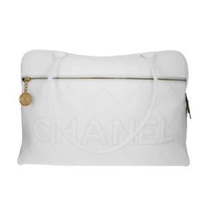 Bolso Chanel Bowler Maxi de Cuero de Ternero con Logotipo y Costuras en Blanco