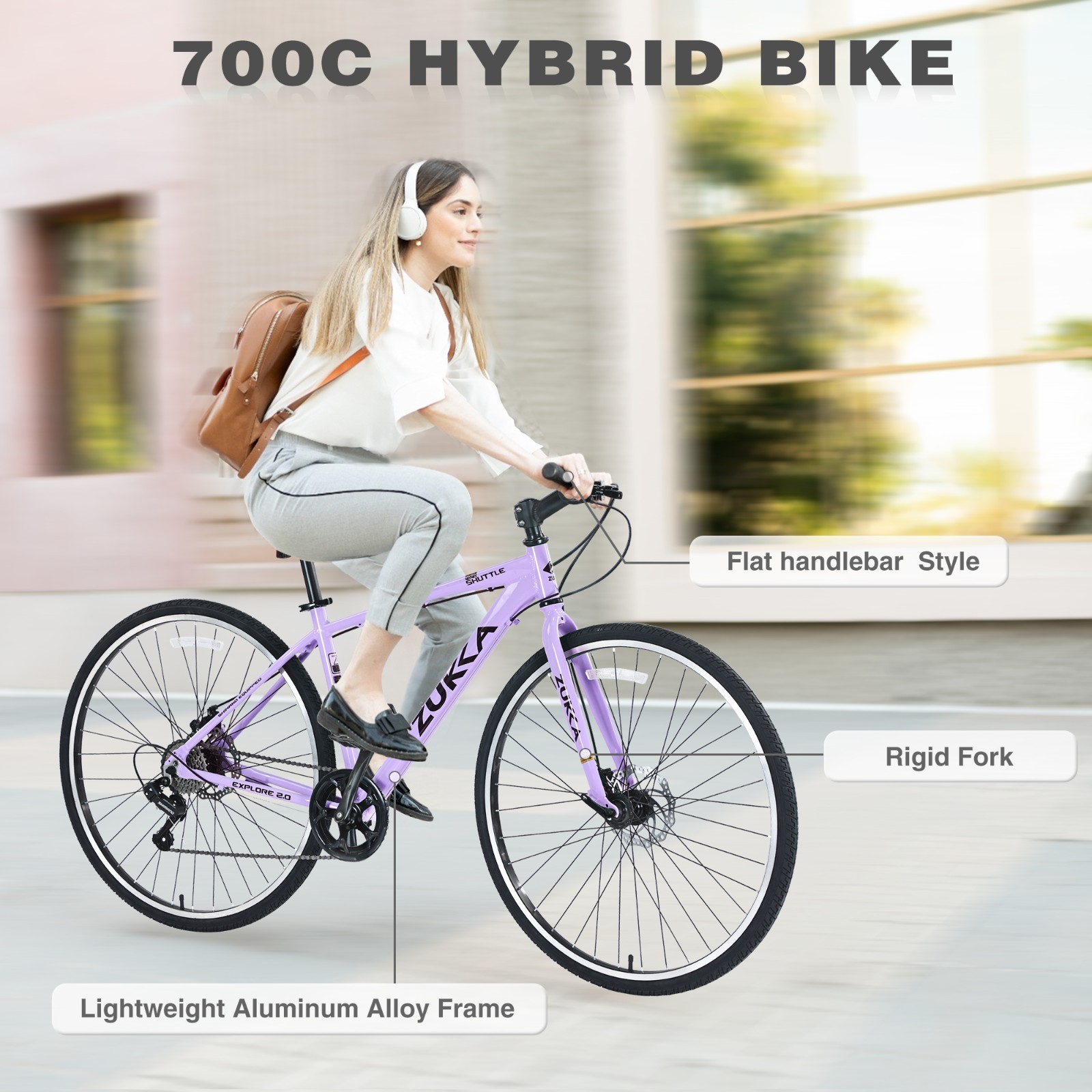 ZUKKA 7Speed Hybrid Bike Aluminum Frame Double Disc Brakes 700C Road Bike purple