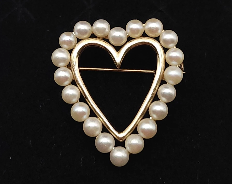 Broche prendedor corazón de oro amarillo y perlas de 14 quilates Lovers Heart aniversario boda Foto 4 de 4