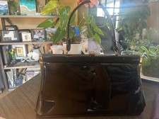 Vintage 1960's Black Patent Vinyl Clutch Bag Purse Metal Clasp Fashion Movie