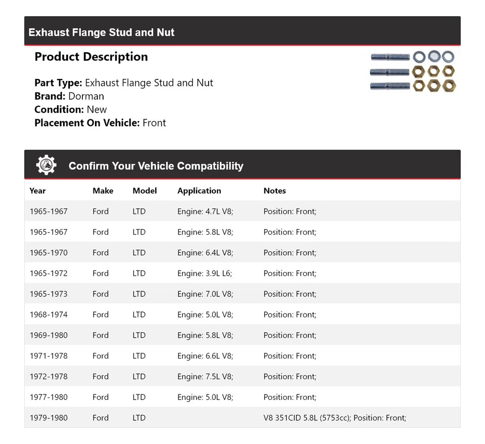 Para Ford LTD 1965-1980 Dorman Brida de escape Perno y tuerca delantera 1966 1967 1968 Foto 2 de 4
