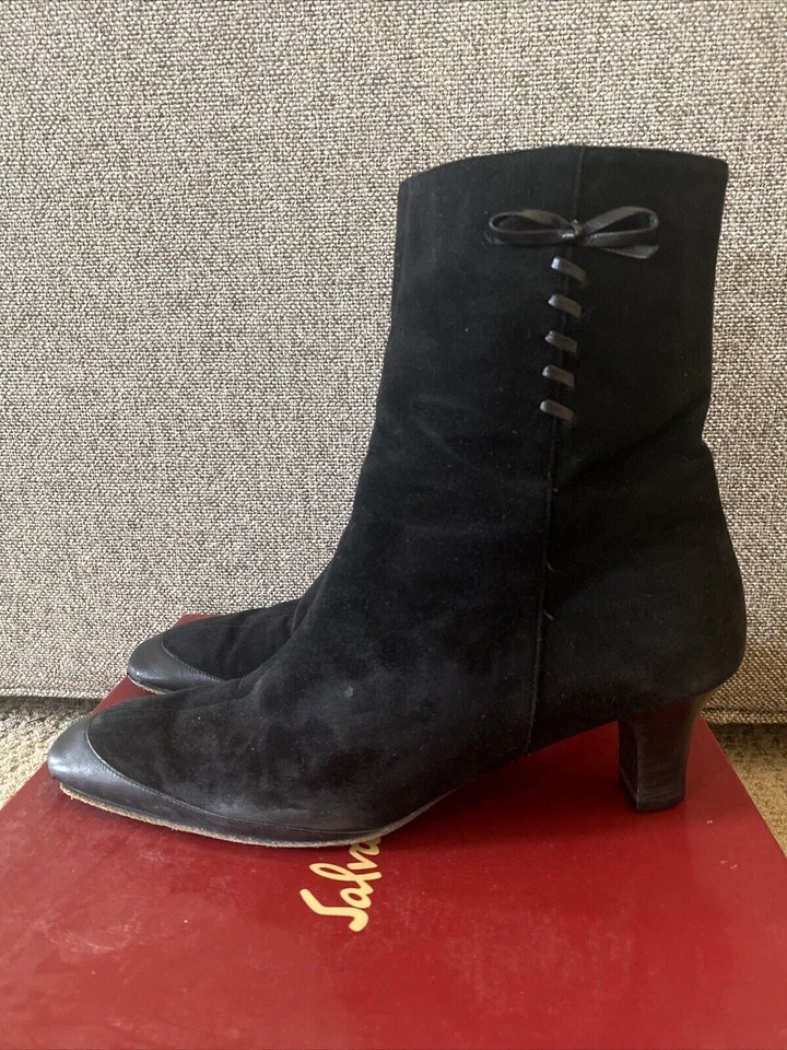 SALVATORE FERRAGAMO 黑色儿童麂皮绒皮革高跟鞋 8 码 2A AA 踝靴 — 第 4/4 张图片