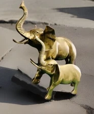 Set 2 Vintage Large Small Lucky Brass Elephants Figure Statue Sculpture Korea