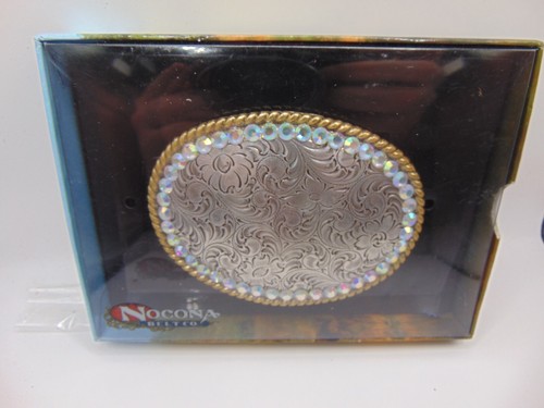 Hebilla de Cinturón Nocona Tono Plateado Rodeo Cristal Floral 3 1/2" Ancho en Caja - Imagen 2 de 7
