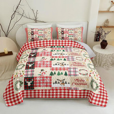 Christmas Quilt Set King Size - Plaid Patchwork Bedding with Reindeer and Snowfl
