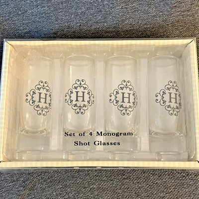 New In Box 4 Monogrammed Shot Glasses - H  Made By Mango Moon Mancave Ships Fast