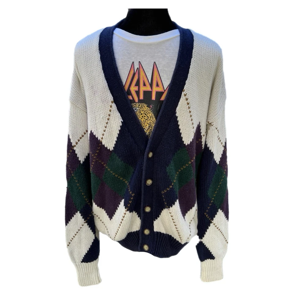 Vintage Structure Cardigan 90s Kurt Cobain Grunge Argyle Sweater - Mens Large - Image 2 of 4