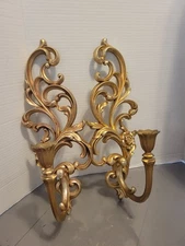 Pair Of  Vintage Syroco Gold Wall Sconces Candle Holders 4531 MCM