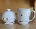 LONGABERGER POTTERY Traditions RED Weave SUGAR BOWL & 4” Coffee MUG Folk XLNT — photo 1