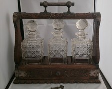 Antique Victorian Oak Tantalus 3 Decanter Set