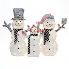 46 In. 3-Piece Lighted Snowman Family, White Tinsel Frosted Outdoor Christmas Ya