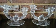 pair of Vtg Double Indiana Glass Etched Tabletop Candle Stick Holders