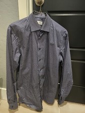  290 Eton Button Up Contemporary Blue Multicolor Doted Leaf Print Shirt 15 1/2