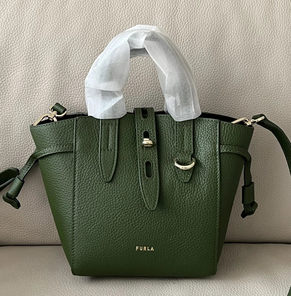 FURLA NET Tote Mini Edera Green Grained Calf Leather Gold Tone Hardware RRP589